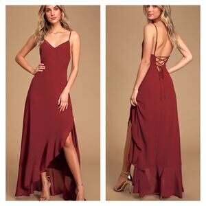 NWT Lulus Ada Lace-Up Maxi Dress Size L Burgundy Babydoll Asymmetric Ruffle Hem